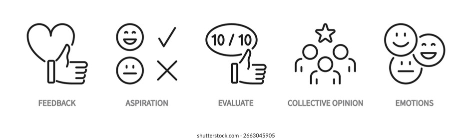 Feedback and review line icon set. Aspiration, evaluate, collective opinion, emotions, smile, emoji sign. Vector illustration. Editable stroke. Flat design. Isolated on a white background.