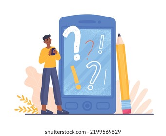 Feedback and review. Man with pencil near smartphone. User, customer or consumer enters opinion on product or service. Experience, rating and ranking for freelancer. Cartoon flat vector illustration