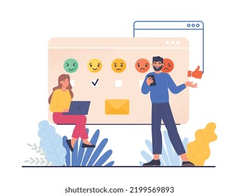 Feedback and review. Man and woman choose emoji to evaluate product or service. Users ranking and rating of application or program. Poster or banner for website. Cartoon flat vector illustration