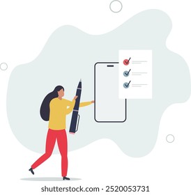 Comentarios y revisión. poner marca de verificación en checklist.flat diseño con personas.