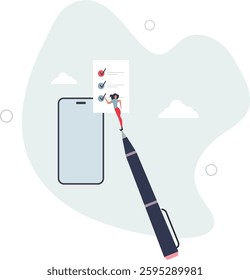 Feedback and review. putting checkmark on checklist.flat character life .