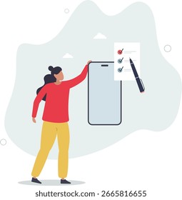 Comentarios y revisión. Poner la marca de verificación en la lista de verificación. Ilustración vectorial plana. Vida humana.