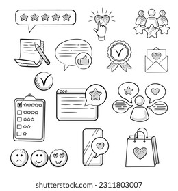 Feedback, review, rating, five stars, like. Cute vector set of doodle-style icons.