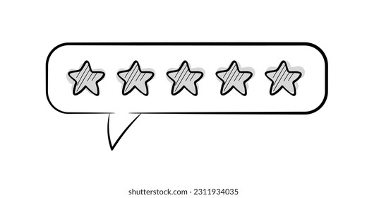 Comentarios, revisión, clasificación, cinco estrellas. Icono estilo doodle.