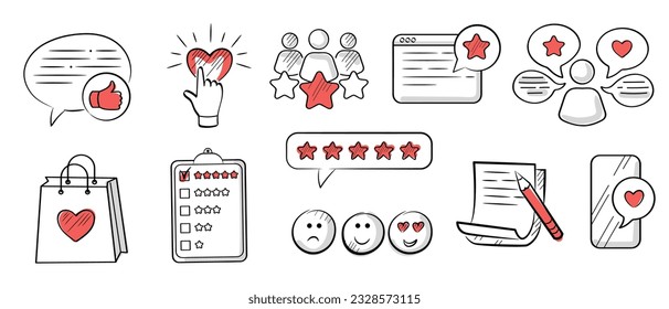 Feedback, review, rating, five stars, like. Cute vector doodle-style red color icons set.