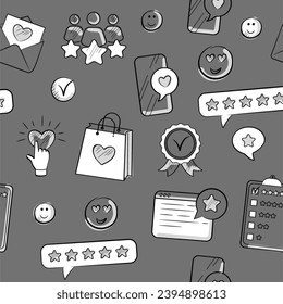 Feedback, review, rating, five stars, like. Cute vector doodle-style seamless pattern on gray background.