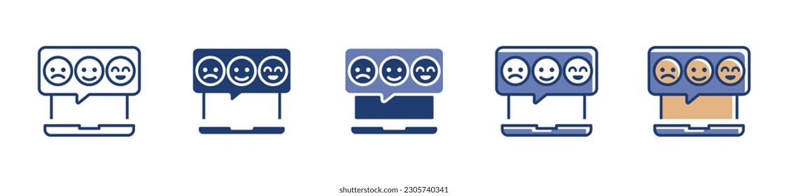 Feedback or review satisfaction evaluation icon collection with technology laptop app or web signs with emoticon face expression 