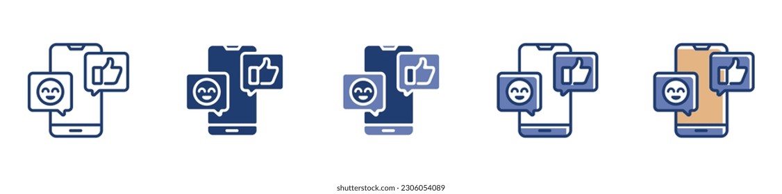 Feedback or review satisfaction evaluation icon with technology mobile app or web signs with thumbs up or face emoticon scale illustration