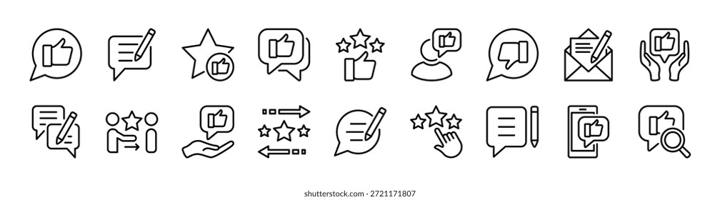 Conjunto de iconos de línea delgada de Comentarios, revisión y satisfacción. Contiene me gusta, comentario, pulgar hacia arriba, estrella, calificación positiva para testimonial, calidad, servicio, opinión. Comunicación de la burbuja del habla para las redes sociales