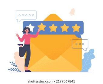 Feedback And Review. Young Woman Rejoices In Background Of Folder With Four Stars. Experience, Rating And Ranking. Remote Employee Or Freelancer, User Opinion. Cartoon Flat Vector Illustration