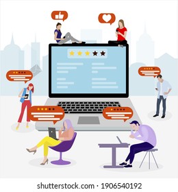 Feedback and reviews concept in the internet. Vector people write feedback and choice ranks, satisfaction experience and support, rating and ranking illustration