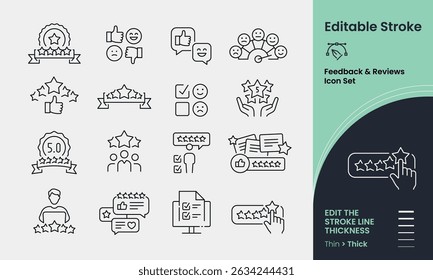 Coleção de ícones de comentários e revisões contendo 16 ícones de traçado editáveis. Perfeito para logotipos, estatísticas e infográficos. Edite a espessura da linha em qualquer aplicativo compatível com vetor.