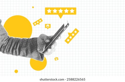 
Feedback and Reviews with star rating floating around the mobile screen used by hand from the side, halftone and retro style with copy space. Editable customer satisfaction banner, stars