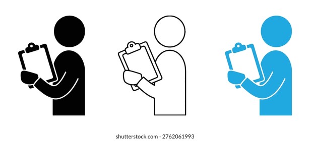 Feedback and satisfaction icon set featuring people with clipboard and thumbs up, in solid and outline styles. Clipboard icon set with people in black, line, and blue styles Vector illustration. 
