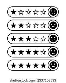 Feedback or satisfaction rating icon with smiley and stars set. Emotions scale with rating stars vector illustration. 5-star rating icon with emoji outline black.