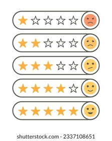 Icono de calificación de votos o satisfacción con sonrisa y estrellas fijadas. Escala de emociones con ilustración vectorial de estrellas de clasificación. Icono de clasificación de 5 estrellas con color de contorno emoticono.