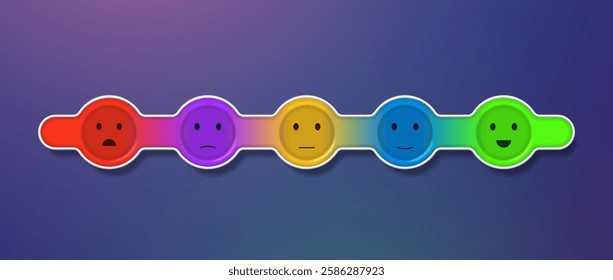 Feedback scale, satisfaction rating and emotion concept in the form of emotional colored round buttons in a frame. Vector 3d illustration.