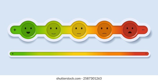 Feedback scale, satisfaction rating and emotion concept in the form of emotional colored round buttons in a frame. Vector 3d illustration.