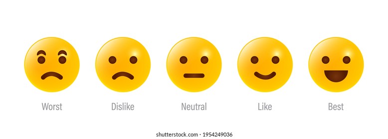 Feedback scale service with emotion icons. User experience rate with feedback scale. Yellow emoji for customer feedback. Worst, dislike, neutral, like, best emotion icons. Vector illustration