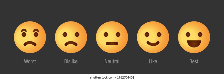 Feedback Scale Service with Emotion Icons. User Experience Rate with Feedback Scale. Yellow Emoji for Customer Feedback. Worst, Dislike, Neutral, Like, Best Emotion Icons. Vector illustration