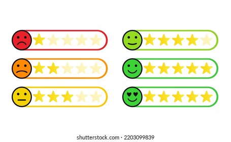 Feedback scale with star line icon. Customer mood from happy pretty face to angry and sad concept. Feedback emoticon. Customer satisfaction survey. Vector illustration
