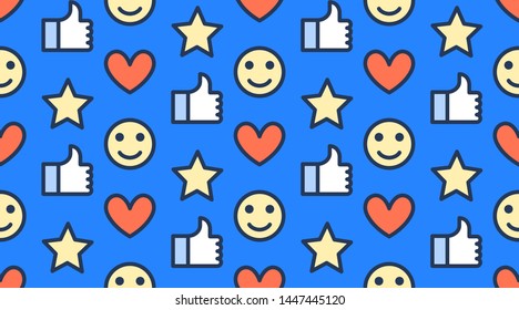 Feedback seamless pattern with flat line icons of thumbs up, like, star, happy customer. Simple background for client review, survey.