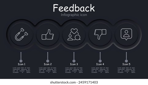 Feedback set icon. Chat, remarks, communication with audience, YouTube, share, communication, comments, star, infographic, contact, neomorphism, like, dislike, average. Responsiveness concept.