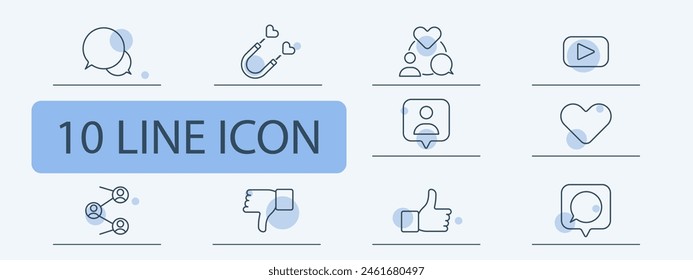 Icono de conjunto de Comentarios. Chat, comentarios, comunicación con la audiencia, YouTube, compartir, comunicación, comentarios, corazón, circulación, contacto, pulgares arriba y abajo, malo, bueno, promedio. Concepto de capacidad de respuesta.