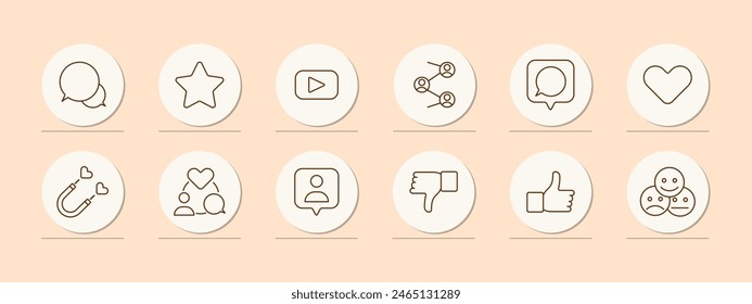 Feedback set icon. Chat, remarks, communication with audience, YouTube, share, communication, comments, heart, circulation, contact, thumbs up and down, bad, good, average. Responsiveness concept.