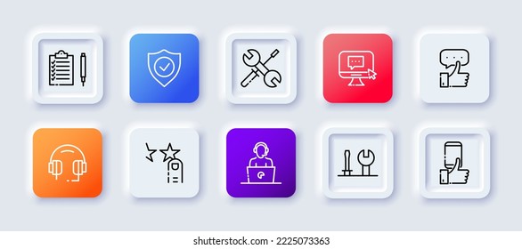 Feedback set icon. Clipboard, checklist, shield, tick, screwdriver, wrench, comment, message, like, positive feedback, headset, rating, rate, operator, fix. Communication concept. Neomorphism style