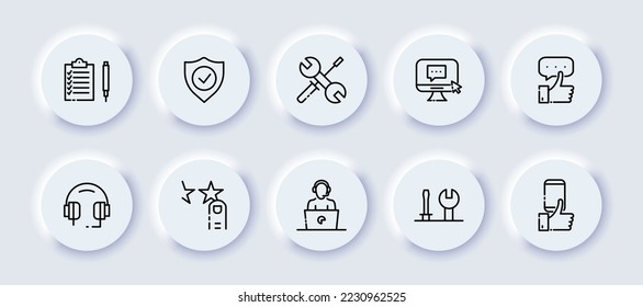 Feedback set icon. Clipboard, checklist, shield, tick, screwdriver, wrench, comment, message, like, positive feedback, headset, rating, rate, operator, fix. Communication concept. Neomorphism style