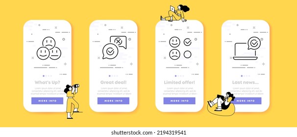 Feedback set icon. Emoticons, smile, sad, upset, like, dislike, cross, checkmark, comment, reaction, laptop, user. Rating concept. UI phone app screens. Vector line icon for Business and Advertising.