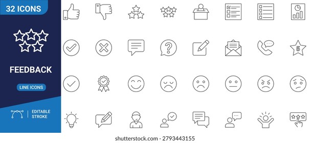 Feedback Set icon outline style, Editable stroke for customer reviews, star ratings, and user testimonials