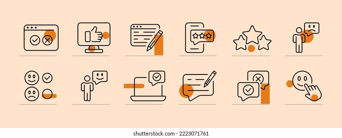 Feedback set icon. Rate the service, clipboard with checkmark, like, dislike, review, check list, guest book, rating star, thumb up, emoticon, reaction, comment. Communication. Pastel color background