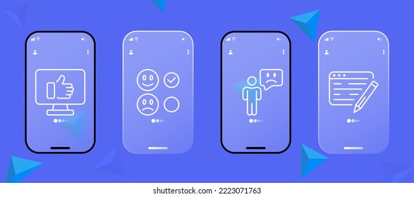 Feedback set icon. Rate the service, clipboard with checkmark, like, dislike, pie chart, check list, box, rating stars, thumbs up, emoticon, reaction, comment. Communication. Glassmorphism. UI phone