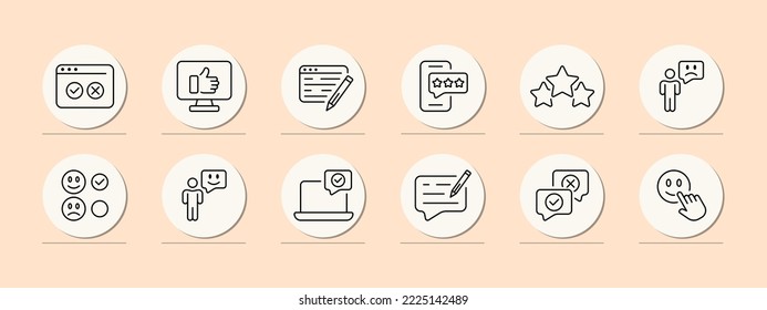 Feedback-Set-Symbol Bewertung des Dienstes, Zwischenablage mit Auswahlfeldern, wie z.B. Kuchendiagramm, Checkliste, Kästchen, Bewertungssterne, Daumen nach oben, Emotion, Reaktion, Kommentar. Kommunikation. Pastellfarbener Hintergrund