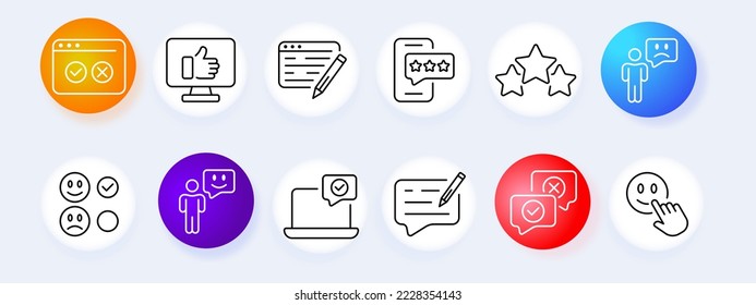 Feedback-Set-Symbol Bewertung des Dienstes, Zwischenablage mit Auswahlfeldern, wie z.B. Kuchendiagramm, Checkliste, Kästchen, Bewertungssterne, Daumen nach oben, Emotion, Reaktion, Kommentar. Kommunikationskonzept. Neomorphismus