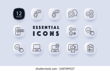 Icono de juego de comentarios. Reseña, comentario, reacción, burbuja de voz, disgusto, me gusta, clasificar estrellas, casilla de verificación, laptop, teléfono, emoticonos. Concepto de comunicación. Estilo neomorfista. Icono de línea de vector para empresas.