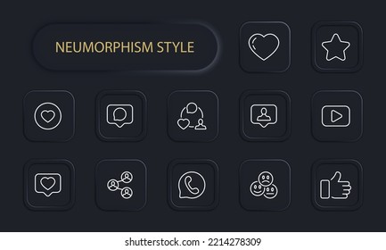 Feedback set icon. Review, comment, reaction, speech bubble, dislike, like, rating stars, checkbox, laptop, phone, emoticons. Communication concept. Neomorphism style. Vector line icon
