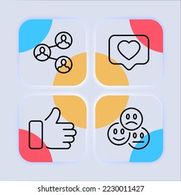Feedback set icon. Review, comment, reaction, speech bubble, dislike, like, rating stars, checkbox, emoticons. Communication concept. Neomorphism style. Vector line icon