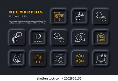 Feedback set icon. Review, rating, emoticon, five stars, good mood, sticker, emoji, comment, click, rate the level of service. Impression concept. Neomorphism style. Vector line icon for Business