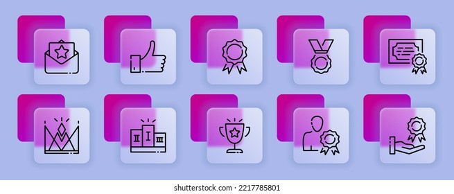 Feedback set icon. Review, rating, emoticon, five stars, good mood, comment, click, rate the level of service. Impression concept. Glassmorphism style. Vector line icon for Business and Advertising