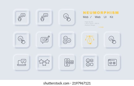 Icono de juego de comentarios. Triste emoticono, sonriente, como, no me gusta, escribir comentarios, reseña, laptop, marca de verificación, estrellas, reacción. Concepto de clasificación. Estilo neomorfista. Icono de línea de vector para negocios y publicidad.