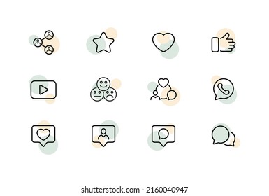 Feedback Set Icon. Star, Thumbs Up, Emoji, Video, Heart, Like, Comment, Share, Tell Friends, Review, Star, Follow, Video, Media. Mention Concept. Vector Line Icon For Business And Advertising