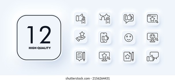 Icono de juego de comentarios. Trumb up, thumb up, star, emoción, recordar, comentar, relatar, mencionar. Calificar un servicio o aplicación. Concepto de revisión. Estilo neomorfista. Icono de línea de vector para negocios y publicidad