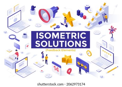 Feedback Set - People, Five Stars, Laptop Computers. Concept Of Customer Quality Rating, User Ranking. Bundle Of Isometric Design Elements Isolated On White Background. Modern Vector Illustration.