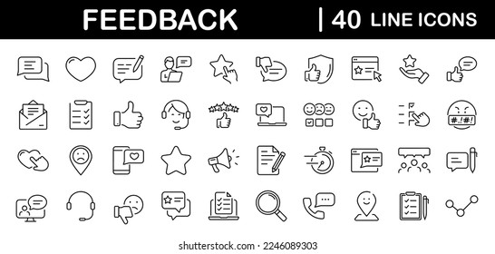 Feedback set of web icons in line style. Feedback and Review icons for web and mobile app. Customer relationship management. Star rating, satisfaction, emotion, testimonials, quick response, chat.