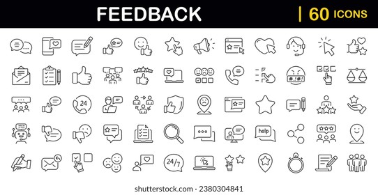 Juego de comentarios de iconos web en estilo de línea. Iconos de comentarios y revisión para aplicaciones web y móviles. Gestión de las relaciones con el cliente. Calificación de estrellas, satisfacción, emoción, testimonios, respuesta rápida, chat.