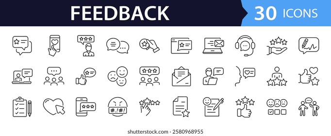 Feedback set of web icons in line style. Feedback and Review icons for web and mobile app. Customer relationship management. Star rating, satisfaction, emotion, testimonials, quick response, chat.