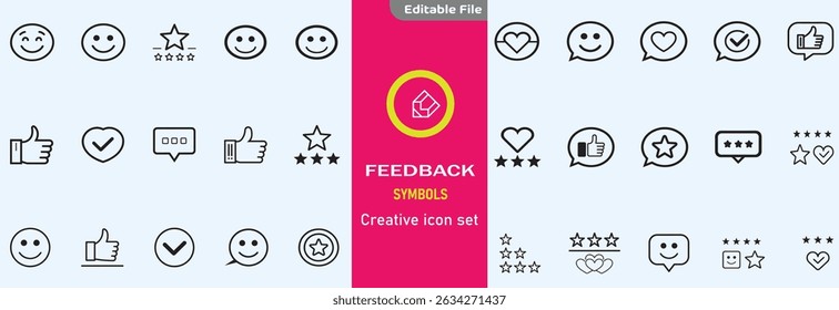 Feedback set of web icons in line style. Feedback and Review icons for web and mobile app. Customer relationship management. Star rating, satisfaction, emotion, testimonials, quick response, chat
